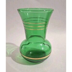 Vintage MCM Anchor Hocking Emerald Green & Gold Striped Bud Vase 3.75 x 2.5"